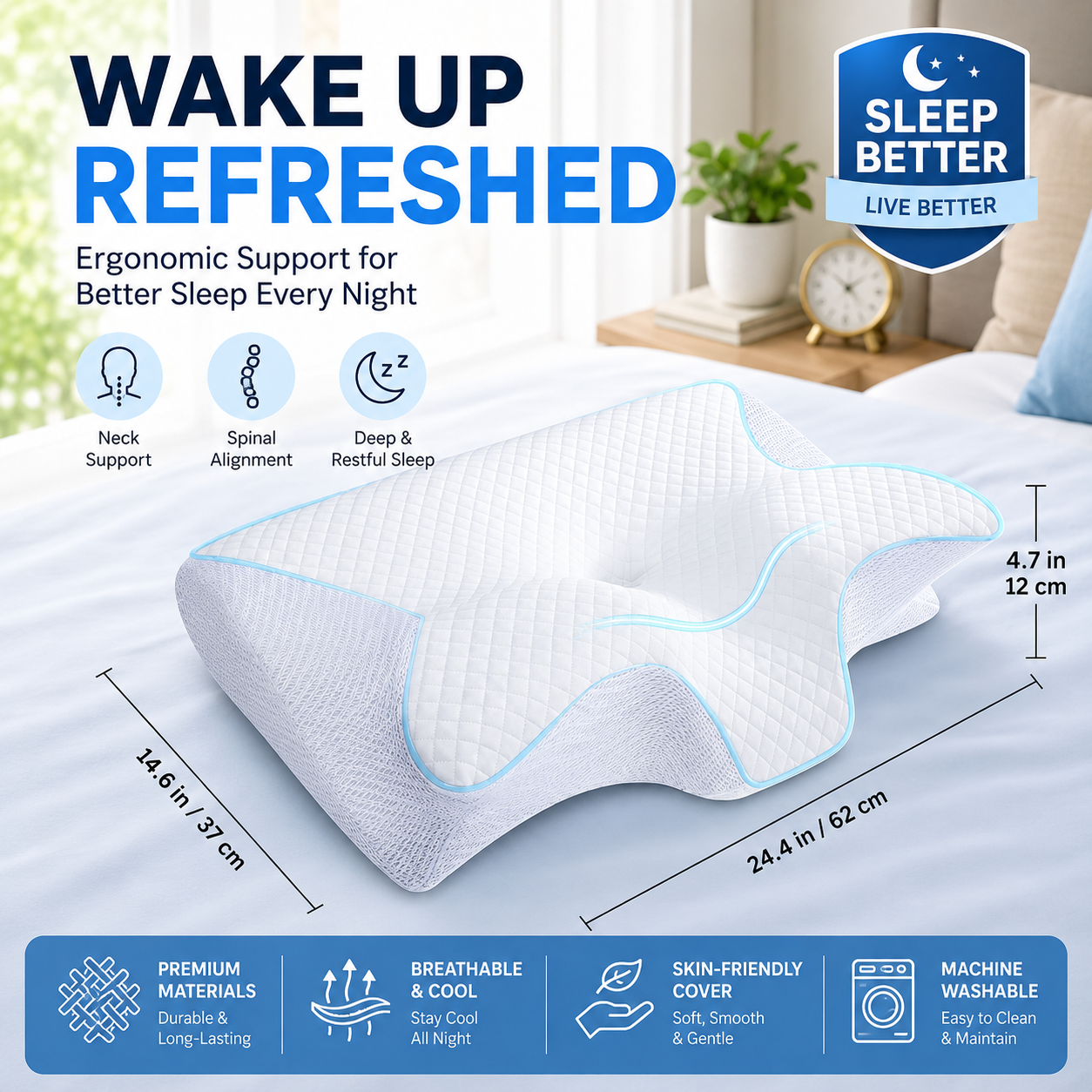 Memory Foam Cervical Pillow—Helping You Enjoy a Restful Night's Sleep. Features an odorless, ergonomically contoured memory foam design—an orthopedic sleep-aid pillow crafted specifically for side, back, and stomach sleepers.