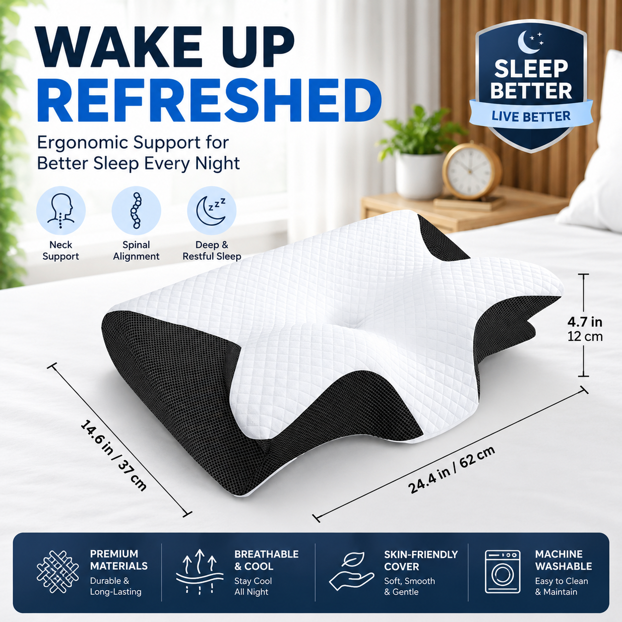 Memory Foam Cervical Pillow—Helping You Enjoy a Restful Night's Sleep. Features an odorless, ergonomically contoured memory foam design—an orthopedic sleep-aid pillow crafted specifically for side, back, and stomach sleepers.
