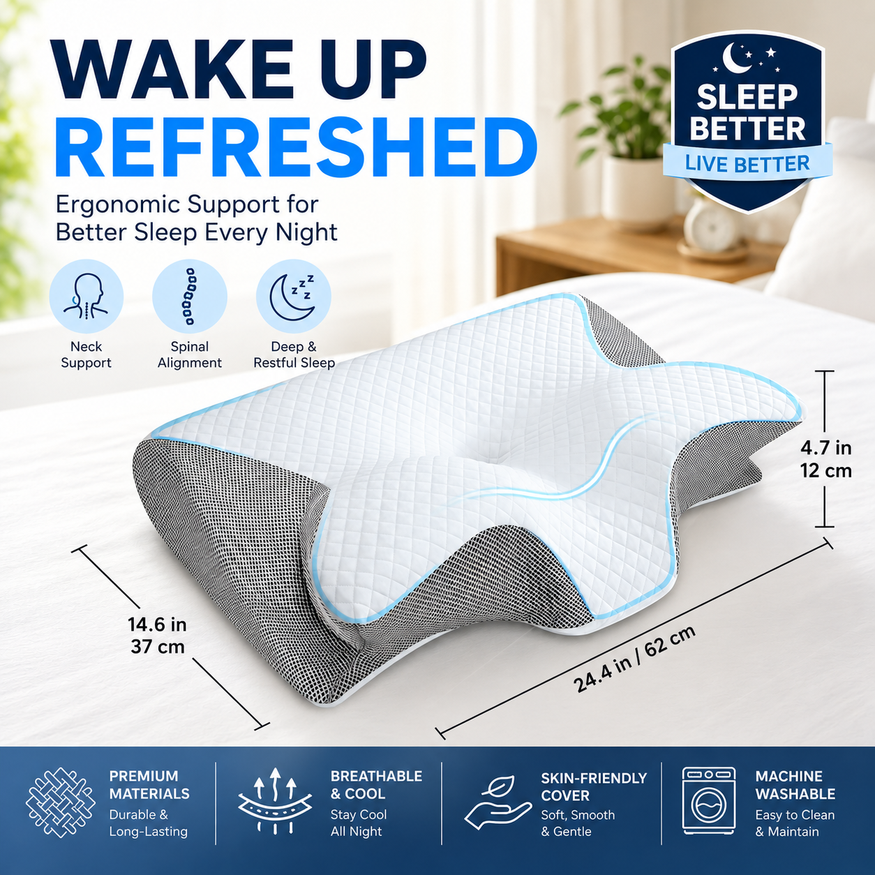 Memory Foam Cervical Pillow—Helping You Enjoy a Restful Night's Sleep. Features an odorless, ergonomically contoured memory foam design—an orthopedic sleep-aid pillow crafted specifically for side, back, and stomach sleepers.