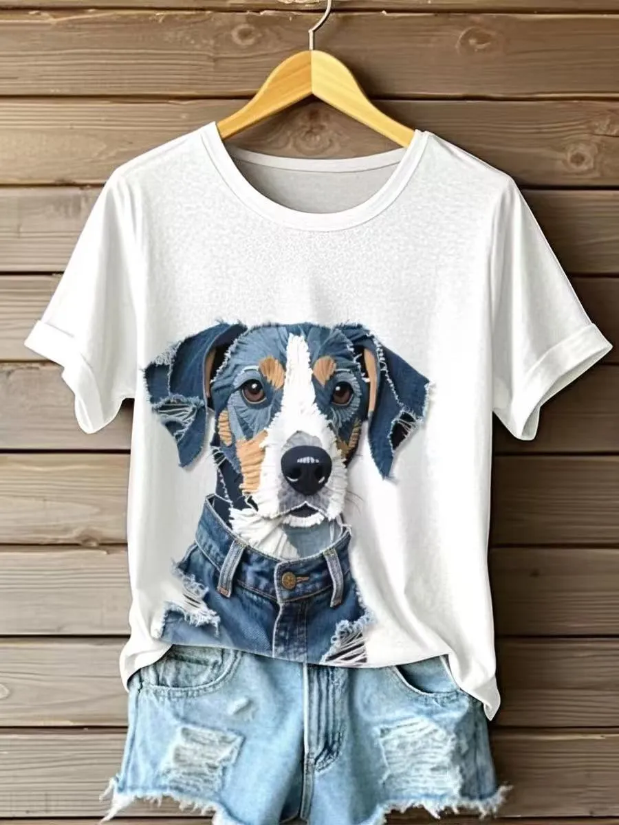 Cute Puppy in Denim Graphic T-Shirt