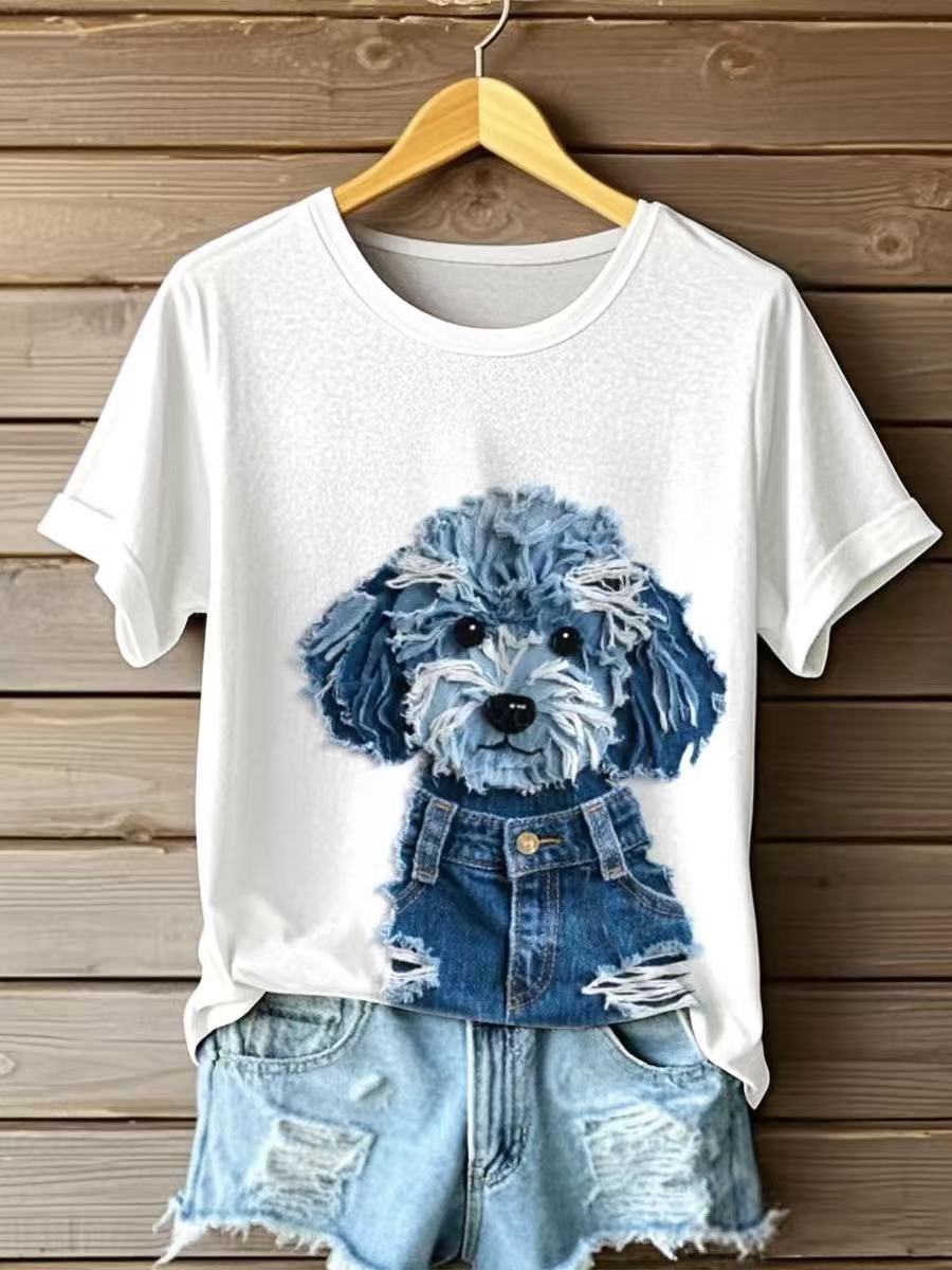 Cute Puppy in Denim Graphic T-Shirt