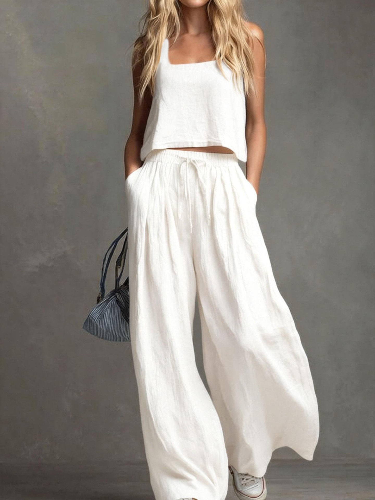 🔥Last Day 50% OFF🔥Women's Solid-Color Casual Linen Set: Sleeveless Top and Loose Wide-Leg Pants