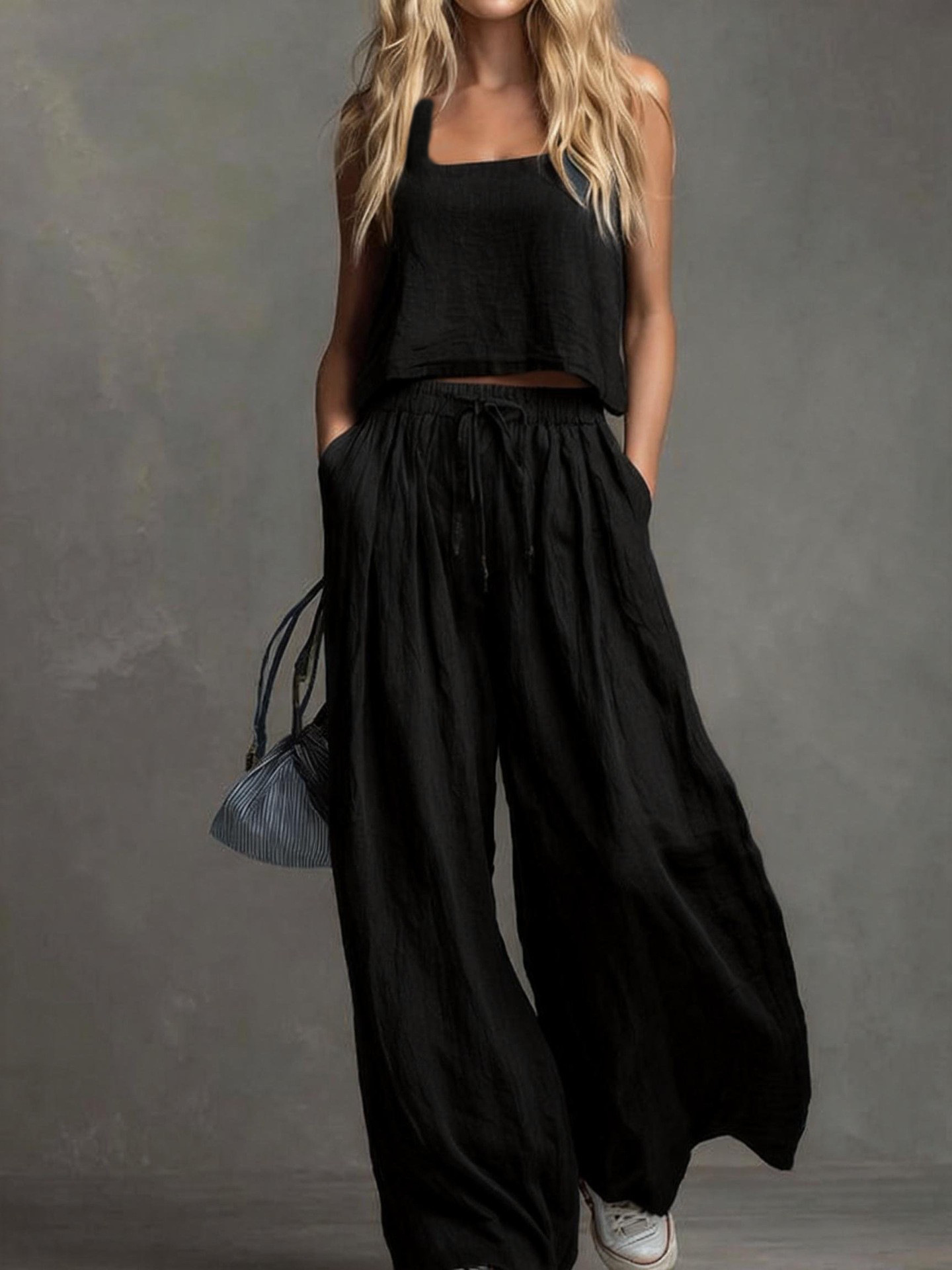 🔥Last Day 50% OFF🔥Women's Solid-Color Casual Linen Set: Sleeveless Top and Loose Wide-Leg Pants