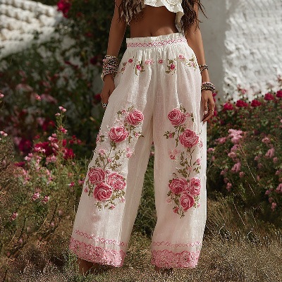 Elegant straight-leg women's trousers featuring 3D floral embroidery