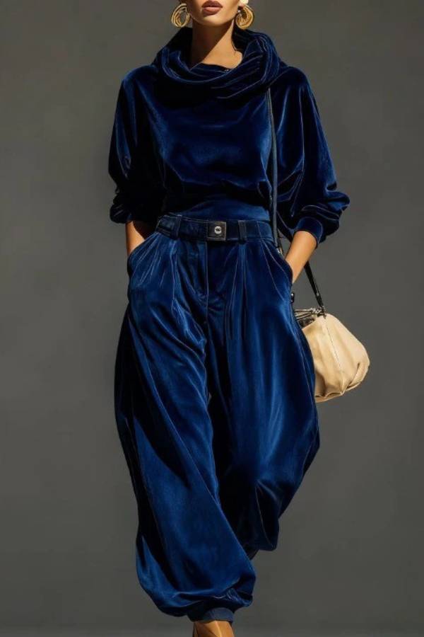Velvet Mock Neck Top and Wide-Leg Pants Set