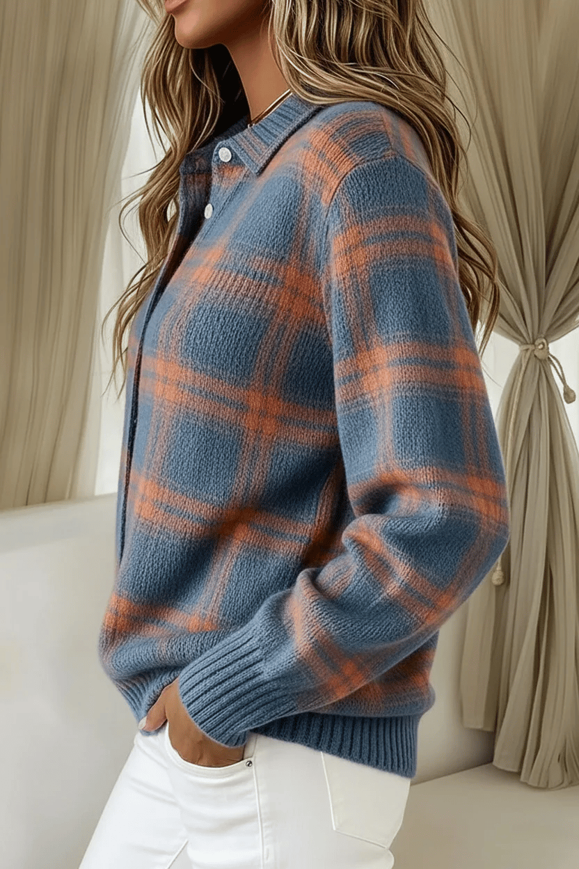 CLEARANCE SALE🔥 Women's Plaid Print Casual Cotton Blend Buttoned Cardigan Sweater