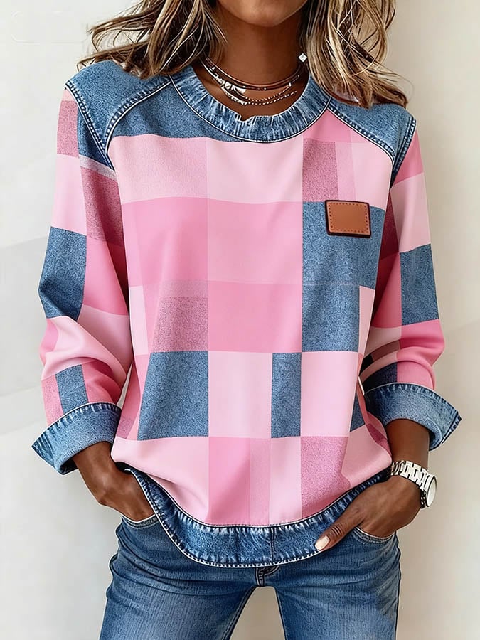 Women'S Casual Round Neck Denim Patchwork Pullover Sweatshirt