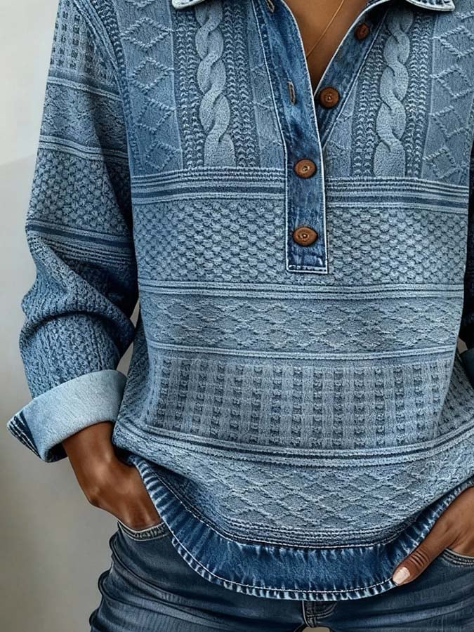 Women'S Casual Collared Color-Blocked Pullover Sweatshirt