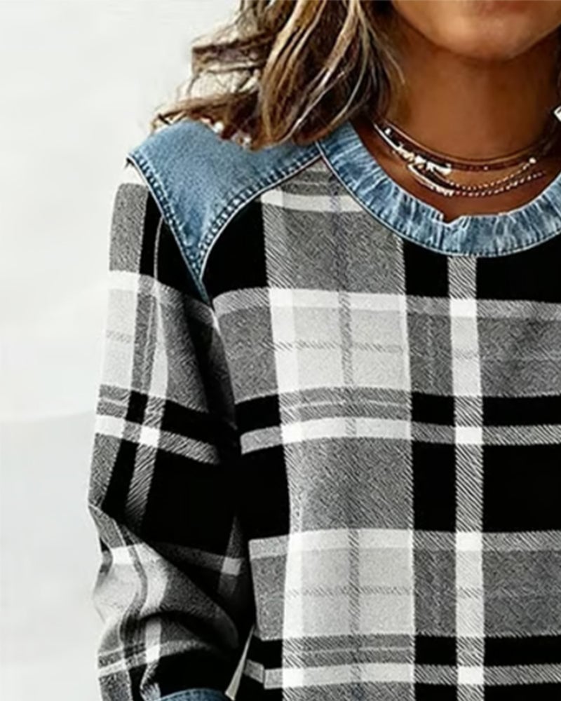 Plaid Patchwork Fashion Sweatshirt