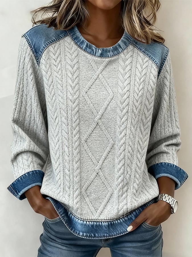 Women's Casual Crew Neck Printed Patchwork Pullover Sweatshirt