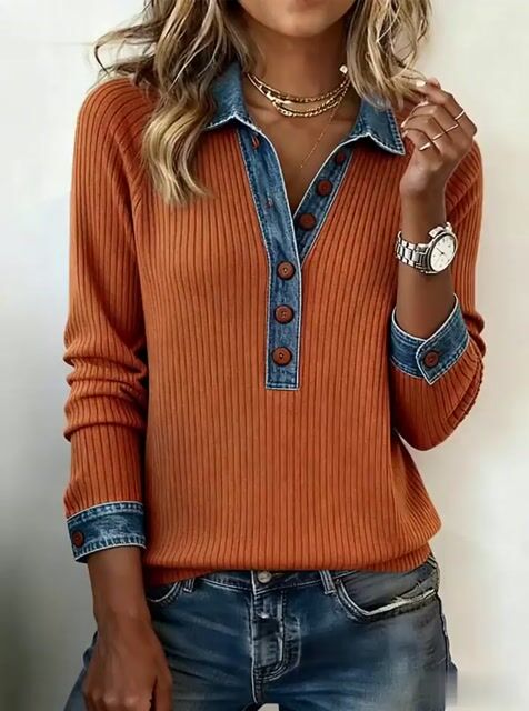 Women'S Contrasting Knitted Lapel Top
