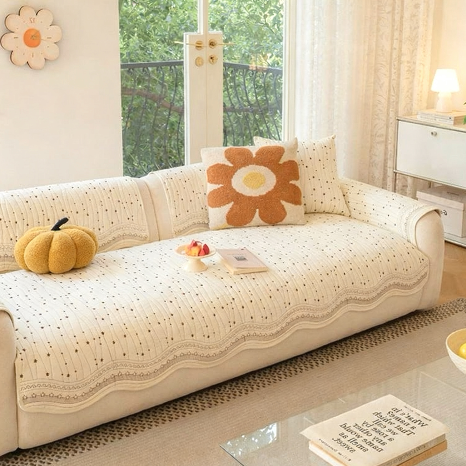 Star Embroidered 100% Cotton Sofa Cover: Anti-Slip Couch Protector, Pet Cat Dog Furniture Pad