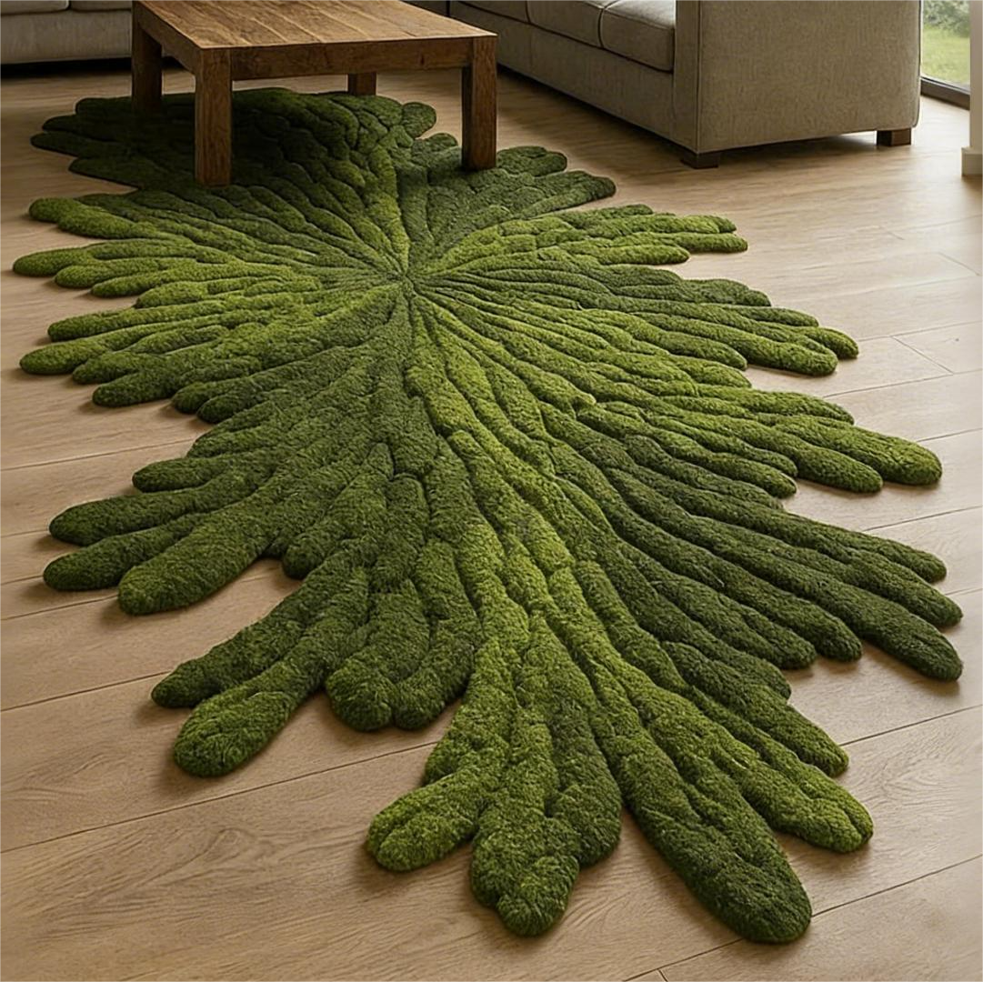 Lush Green Tufted Rug Freeform Wool Blend Leaf Design Living Room Carpet