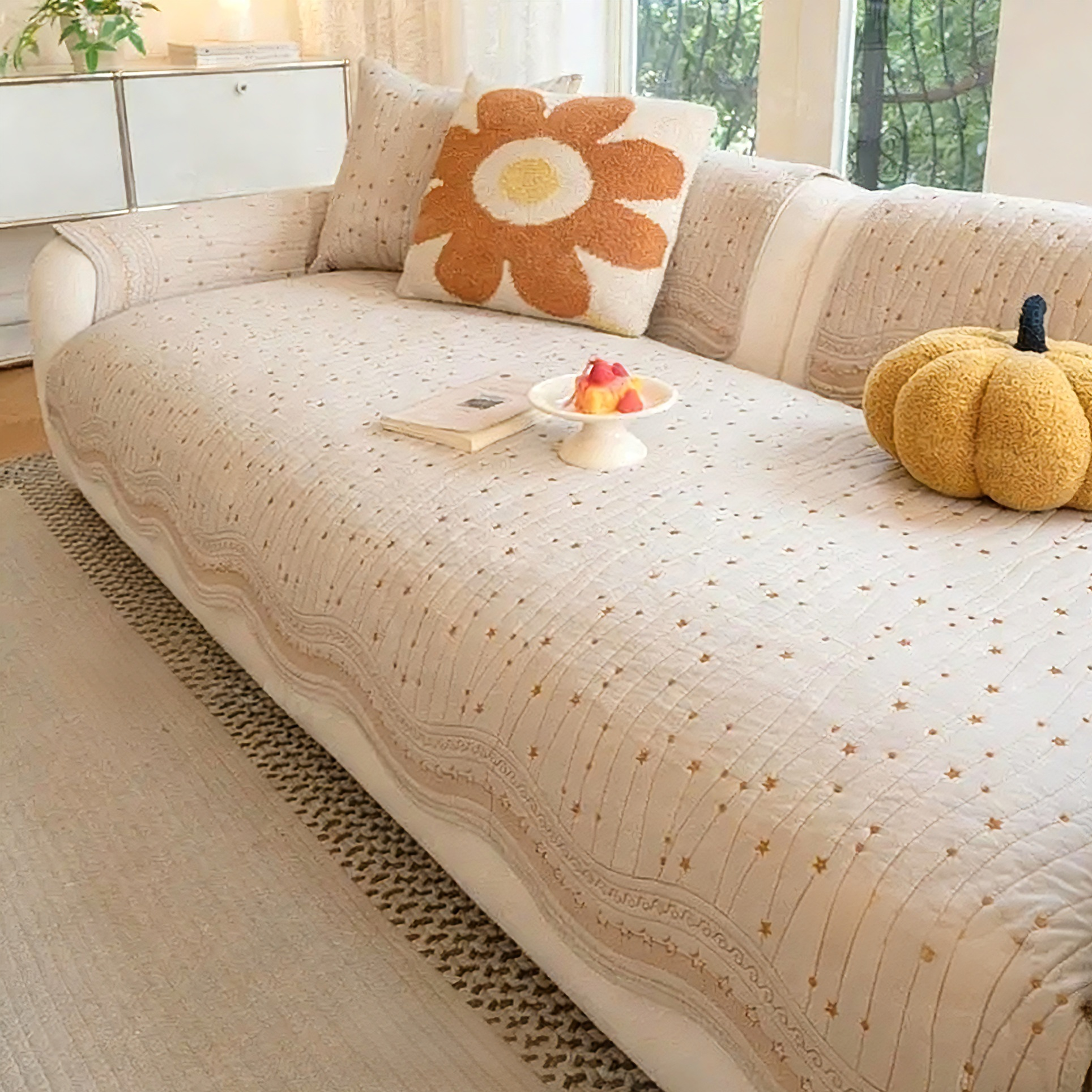 Star Embroidered 100% Cotton Sofa Cover: Anti-Slip Couch Protector, Pet Cat Dog Furniture Pad