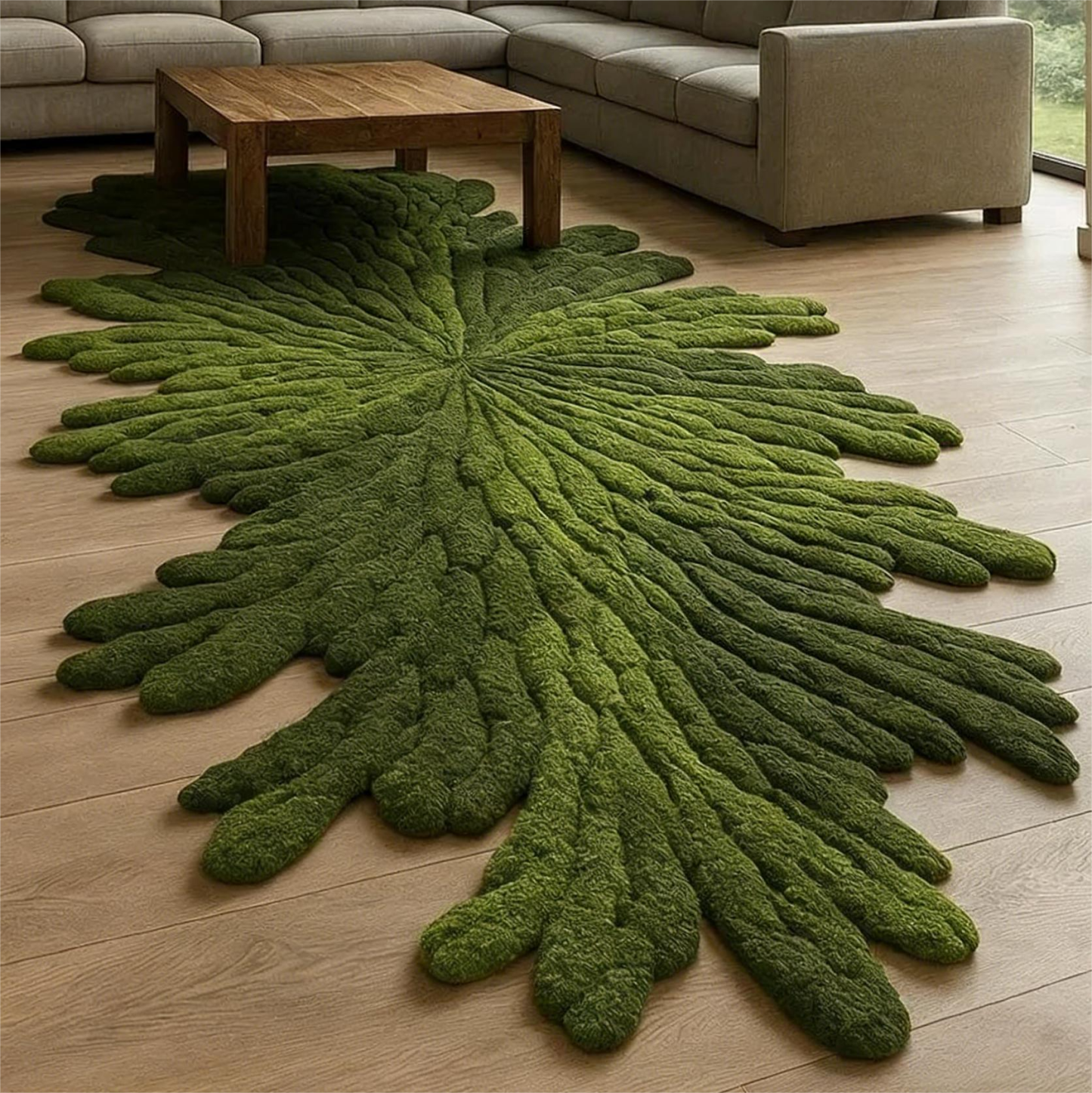Lush Green Tufted Rug Freeform Wool Blend Leaf Design Living Room Carpet