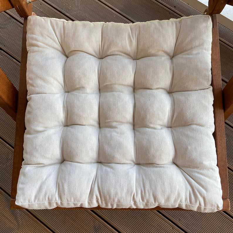Square Linen Chair Cushion with Ties – Summer Home Decor