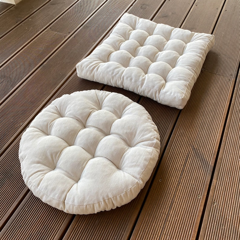 Square Linen Chair Cushion with Ties – Summer Home Decor