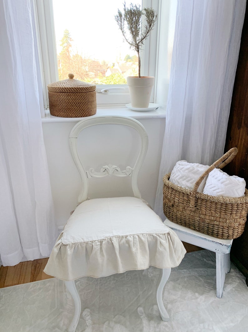 Chair Covers, Linen Chair Seat Cover, Slipcover, Large, WITH insert pocket , Farmhouse and Shabby Chic Decor TICKING