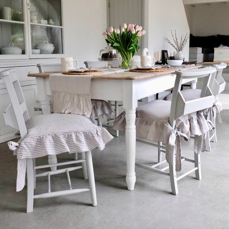 Chair Covers, Linen Chair Seat Cover, Slipcover, Large, WITH insert pocket , Farmhouse and Shabby Chic Decor TICKING