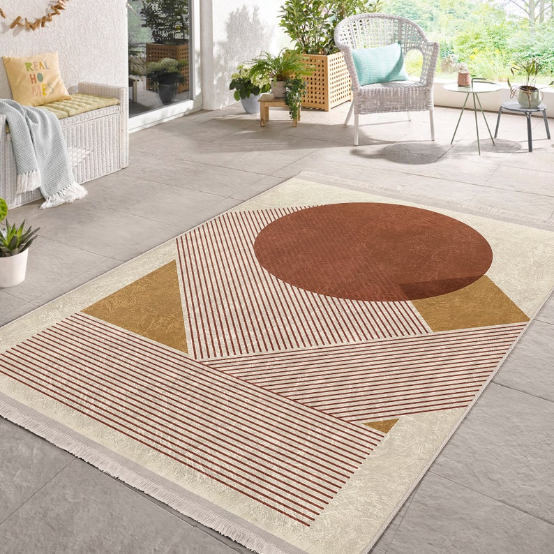 Beige Abstract Area Rug|Non-Slip Striped Living Room Rug|Boho Area Rug|Dining Room Rug|Kitchen Rug|Doorway Carpet|Bestselling Rugs