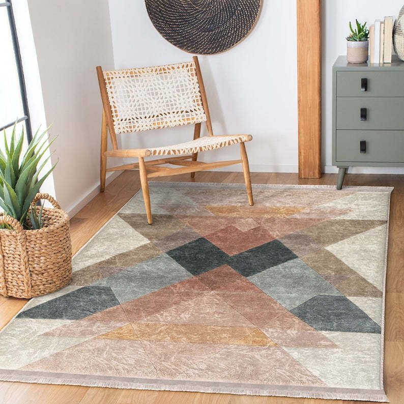 Multicolored Area Rugs|Geometric Rectangle Rugs|Washable Colorful Dining Room Carpet|Carpets With Fringed|Minimal Home Decor|Surreal Art Rug