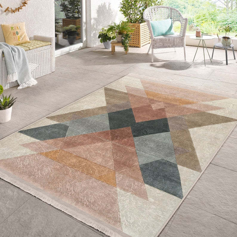 Multicolored Area Rugs|Geometric Rectangle Rugs|Washable Colorful Dining Room Carpet|Carpets With Fringed|Minimal Home Decor|Surreal Art Rug