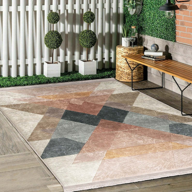 Multicolored Area Rugs|Geometric Rectangle Rugs|Washable Colorful Dining Room Carpet|Carpets With Fringed|Minimal Home Decor|Surreal Art Rug