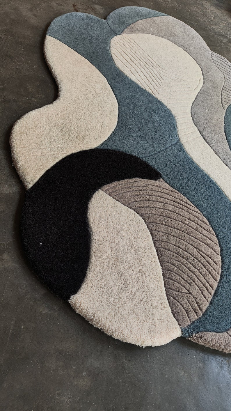 Abstract Irregular Shape Area Rug | Modern Wavy Design Carpet | Neutral Tone Living Room Decor | Unique Irregular Aesthetic Rug