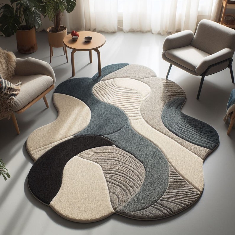 Abstract Irregular Shape Area Rug | Modern Wavy Design Carpet | Neutral Tone Living Room Decor | Unique Irregular Aesthetic Rug