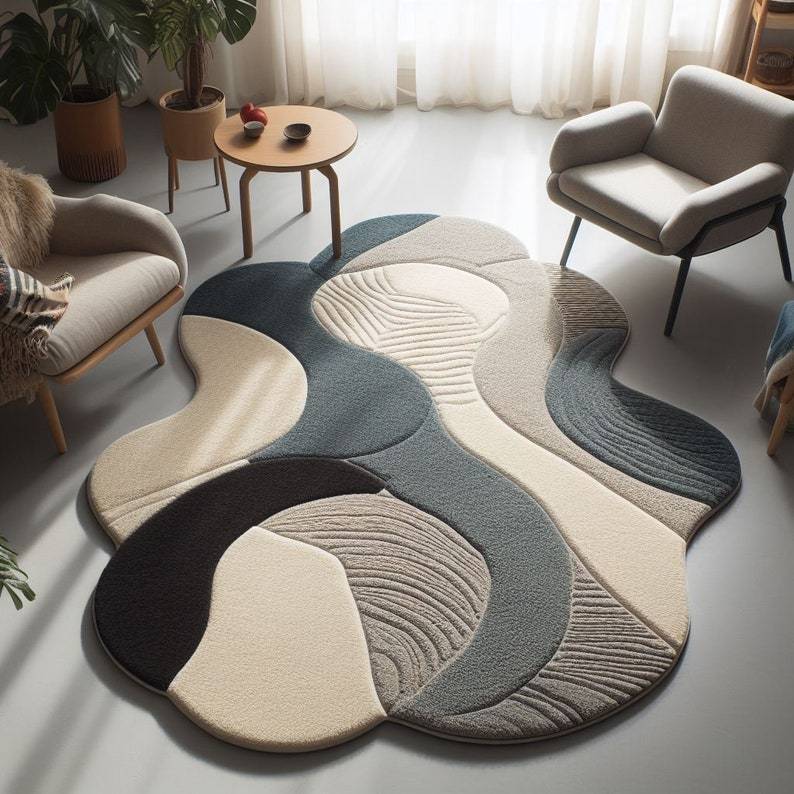 Abstract Irregular Shape Area Rug | Modern Wavy Design Carpet | Neutral Tone Living Room Decor | Unique Irregular Aesthetic Rug