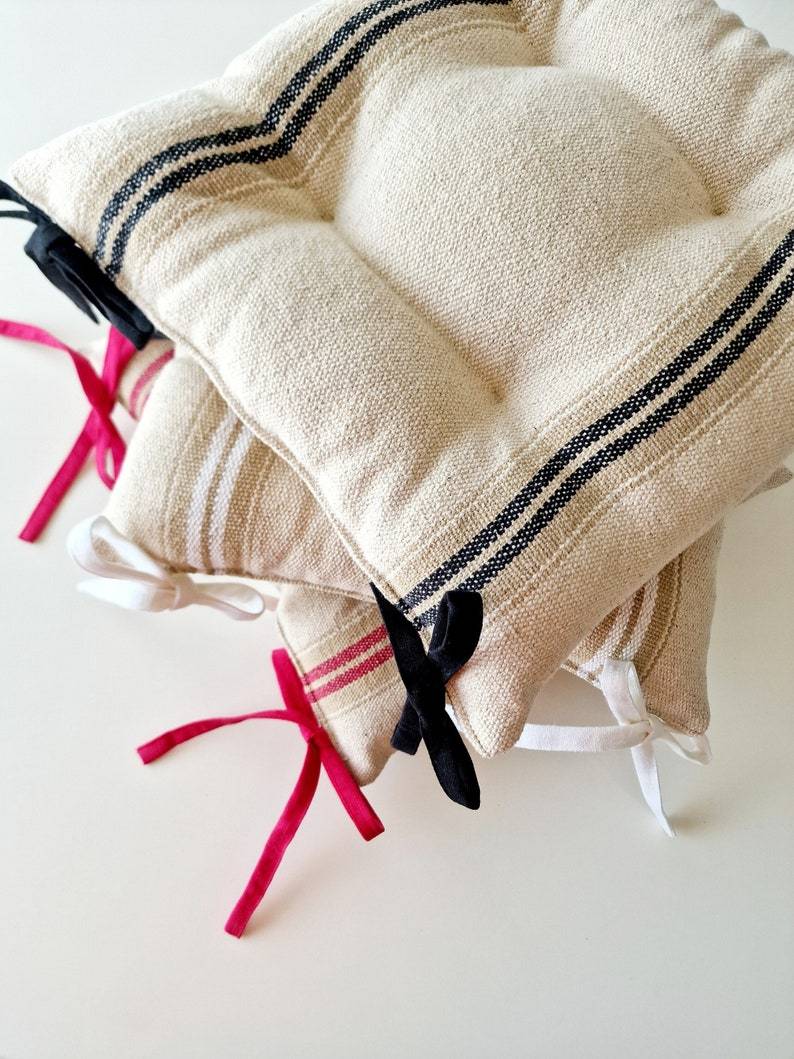 Seat Cushion with Ties - Striped Chair Pillow - Natural French Style Heavy Weight 100% Cotton Fabric