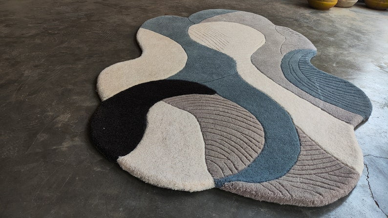 Abstract Irregular Shape Area Rug | Modern Wavy Design Carpet | Neutral Tone Living Room Decor | Unique Irregular Aesthetic Rug