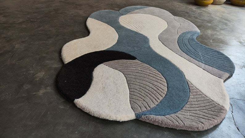 Abstract Irregular Shape Area Rug | Modern Wavy Design Carpet | Neutral Tone Living Room Decor | Unique Irregular Aesthetic Rug