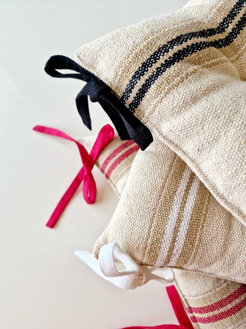 Seat Cushion with Ties - Striped Chair Pillow - Natural French Style Heavy Weight 100% Cotton Fabric