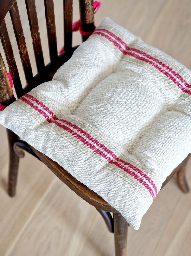 Seat Cushion with Ties - Striped Chair Pillow - Natural French Style Heavy Weight 100% Cotton Fabric