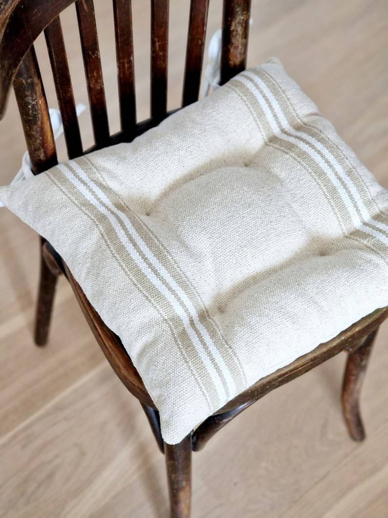 Seat Cushion with Ties - Striped Chair Pillow - Natural French Style Heavy Weight 100% Cotton Fabric