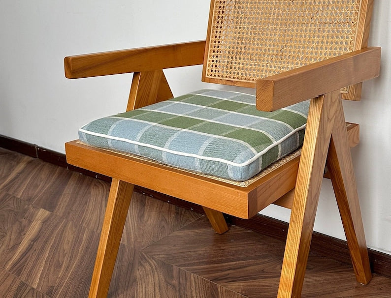 Green Plaid Chair Cushion with White Piping,Custom Size, 2" Thick Memory Foam Seat Cushion,Handmade