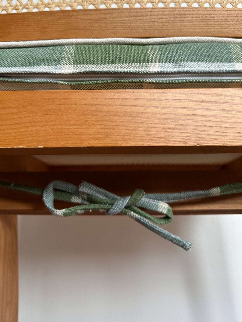 Green Plaid Chair Cushion with White Piping,Custom Size, 2" Thick Memory Foam Seat Cushion,Handmade