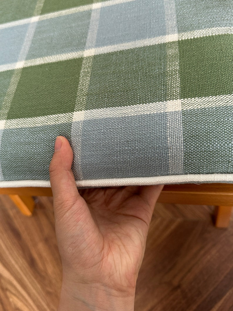 Green Plaid Chair Cushion with White Piping,Custom Size, 2" Thick Memory Foam Seat Cushion,Handmade