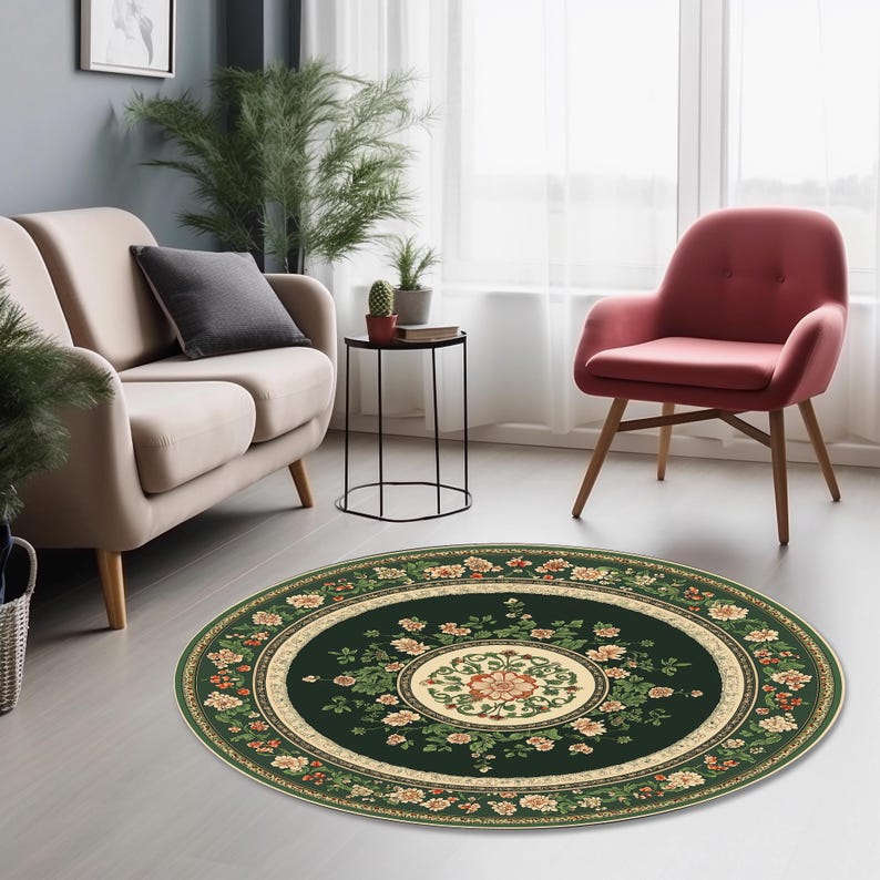 Green Floral Round Rug: Traditional Style Area Rug