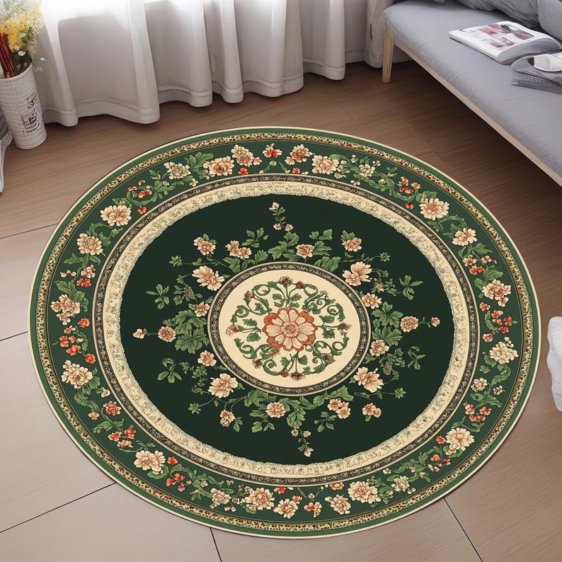 Green Floral Round Rug: Traditional Style Area Rug