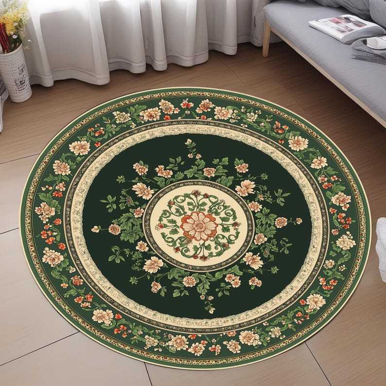 Green Floral Round Rug: Traditional Style Area Rug
