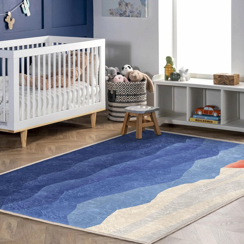 Ocean And Sunset Themed Play Area Rug|Blue Watercolor Kids PlayMat|Sunrise Nursery Rug|Wawe Patterned Kids Carpet|Gift For Baby Boy|Washable