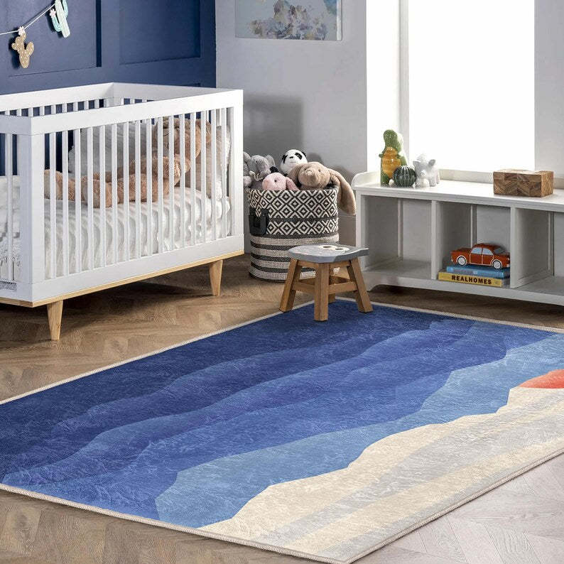 Ocean And Sunset Themed Play Area Rug|Blue Watercolor Kids PlayMat|Sunrise Nursery Rug|Wawe Patterned Kids Carpet|Gift For Baby Boy|Washable
