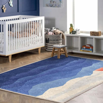 Ocean And Sunset Themed Play Area Rug|Blue Watercolor Kids PlayMat|Sunrise Nursery Rug|Wawe Patterned Kids Carpet|Gift For Baby Boy|Washable