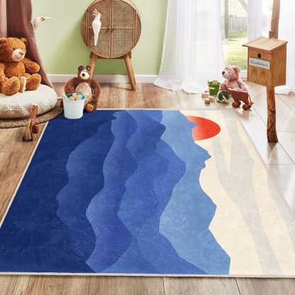 Ocean And Sunset Themed Play Area Rug|Blue Watercolor Kids PlayMat|Sunrise Nursery Rug|Wawe Patterned Kids Carpet|Gift For Baby Boy|Washable