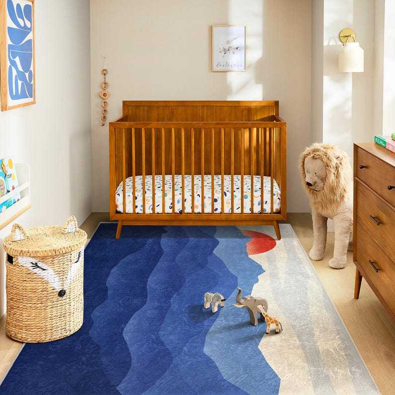 Ocean And Sunset Themed Play Area Rug|Blue Watercolor Kids PlayMat|Sunrise Nursery Rug|Wawe Patterned Kids Carpet|Gift For Baby Boy|Washable