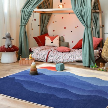 Ocean And Sunset Themed Play Area Rug|Blue Watercolor Kids PlayMat|Sunrise Nursery Rug|Wawe Patterned Kids Carpet|Gift For Baby Boy|Washable