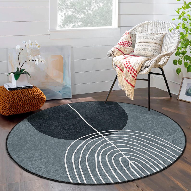 Abstract Geometric Leaf Round Rug - Gray Leaf Line Pattern Circle Accent Rug - Modern Round Carpet - Gray Round Area Rug -Stylish Circle Mat