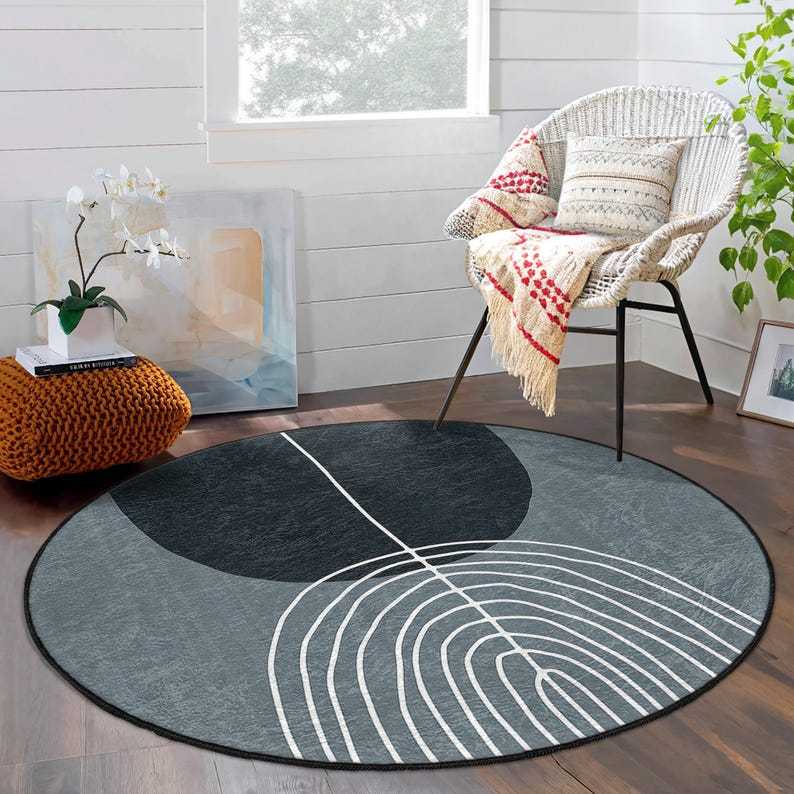Abstract Geometric Leaf Round Rug - Gray Leaf Line Pattern Circle Accent Rug - Modern Round Carpet - Gray Round Area Rug -Stylish Circle Mat